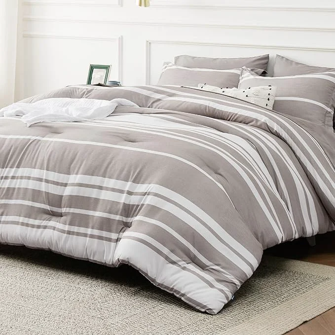 Superior Bedsure King Comforter Set 7 Pieces Taupe Striped Bedding Set for All Seasons Reversible Cationic Dyeing Bed in a Bag with Comforter Sheets Pillowcases amp Shams Casual