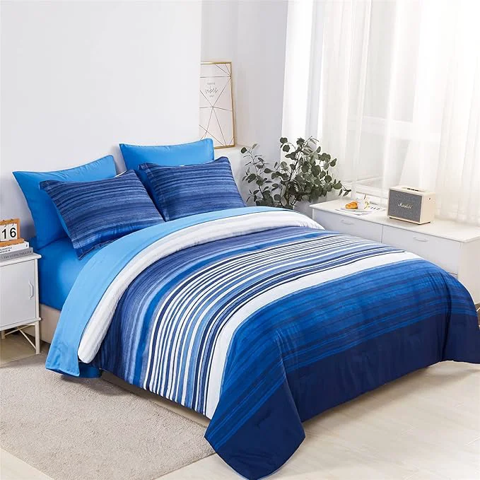 Casual KAKIJUMN 7 Piece Bed in a Bag Stripe Comforter Set King Size White and Blue Patchwork Striped Comforter and Sheet Set All Season Soft Microfiber Complete Bedding Sets Blue King Original
