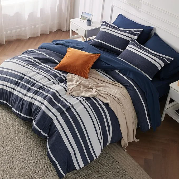 Breathable Bedsure Queen Comforter Set 7 Pieces Blue Striped Bedding Set for All Seasons Reversible Cationic Dyeing Bed in a Bag with Comforter Sheets Pillowcases amp Shams Environmentally Friendly