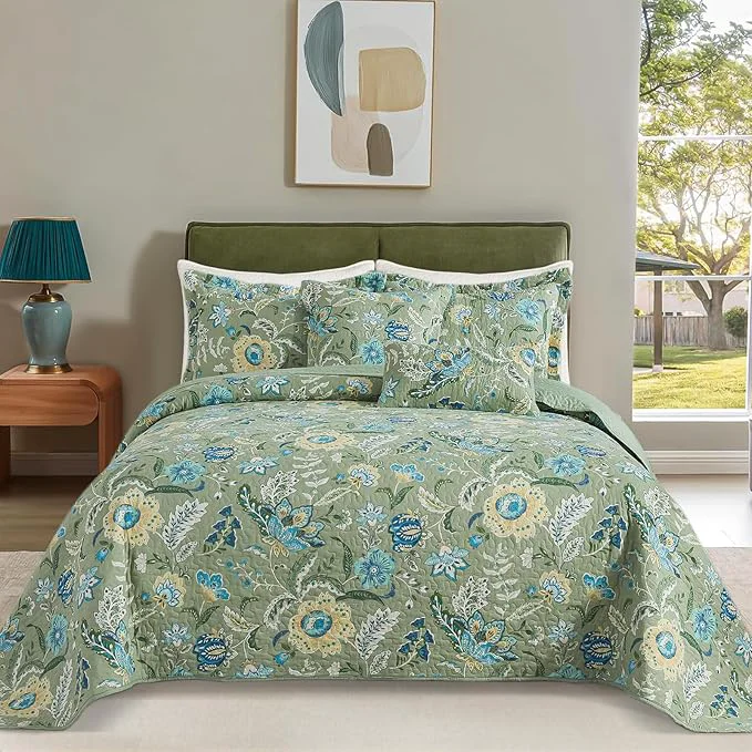 World-Class BEDIFANY Farmhouse King Quilt Bedding Set – Cotton Lightweight Bedspread with Floral Pattern 98×106 Inch All Season Coverlet Set 3 Piece Quilt 2 Pillow Shams Reusable