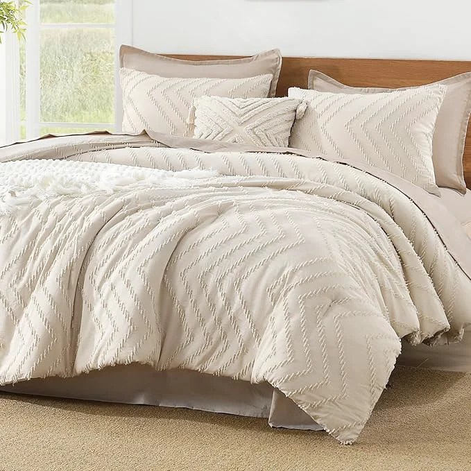 Effective Litanika Queen Comforter Set Beige 3 Pieces Lightweight Comforters Queen Size Chevron Tufted Bedding Comforter Set Fluffy Bed Set Pure