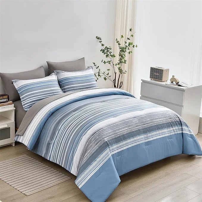 Sustainable KAKIJUMN 5 Piece Bed in a Bag Stripe Comforter Set Twin Size White Grey Blue Striped Comforter and Sheet Set All Season Soft Microfiber Complete Bedding Set Light Blue Twin Reusable