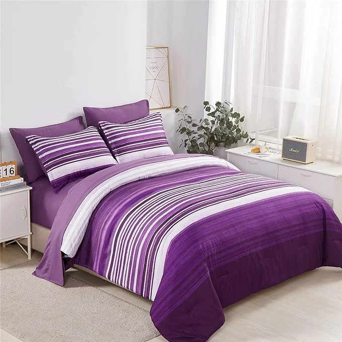 Refined KAKIJUMN 7 Piece Bed in a Bag Stripe Comforter Set King Size White and Purple Patchwork Striped Comforter and Sheet Set All Season Soft Microfiber Complete Bedding Sets Purple King Smooth