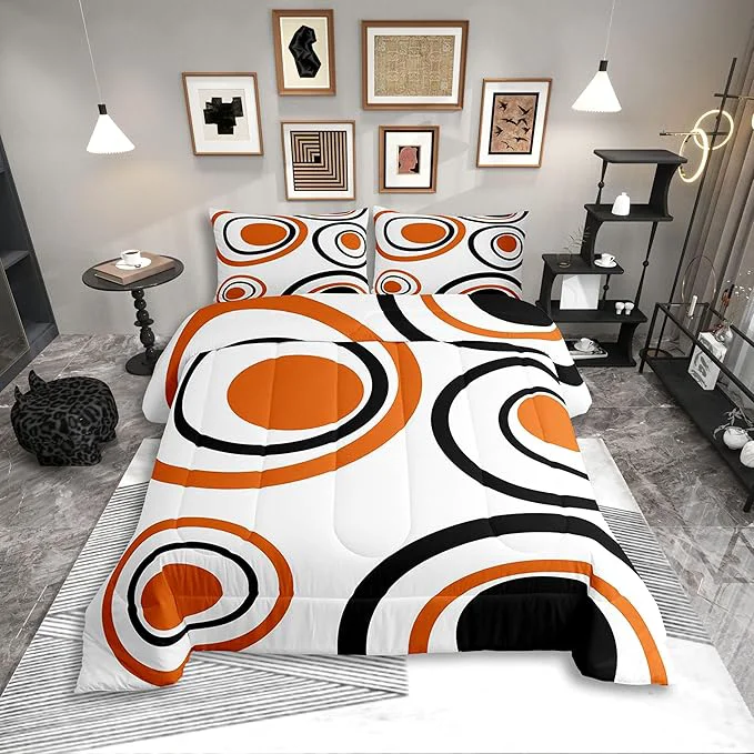 Long-Lasting Erosebridal Orange Abstract Queen Comforter Set for Adult Women Men Modern Geometric Circles Bedding Set Boho Art Aesthetic Striped Bed Set Minimalist Black White Abstract Quilt Set Authentic