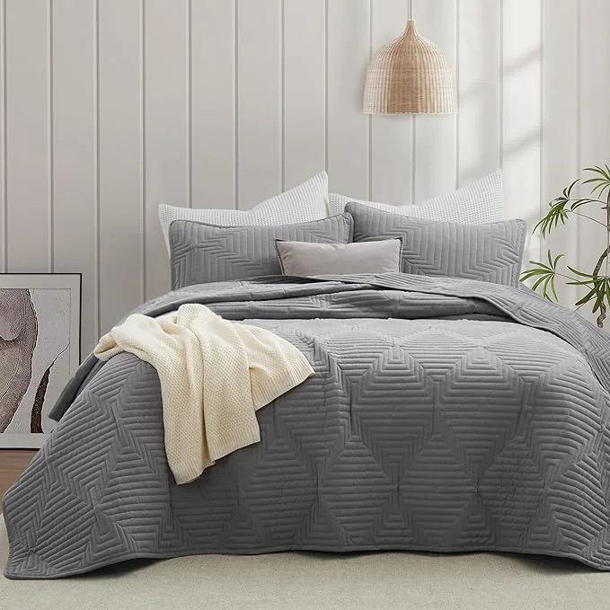 Sustainable Oli Anderson King Quilt Set Grey Lightweight Soft Bedspread Coverlet Basket Weave Pattern Bedding 3PCS Modern Geometric Stitching Textured Comforter Sets 1 Quilt and 2 Pillow Shams Traditional