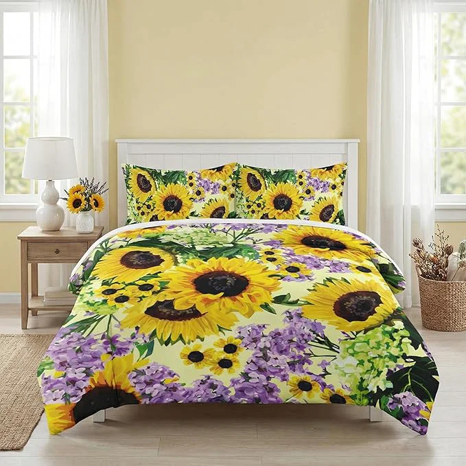 Crafted King Size Comforter Set with 2 Pillowcases Retro Sunflower Yellow Floral Flower Soft 3 Pcs Bedding for Kids and Adults Bedroom Bed Decor Pure