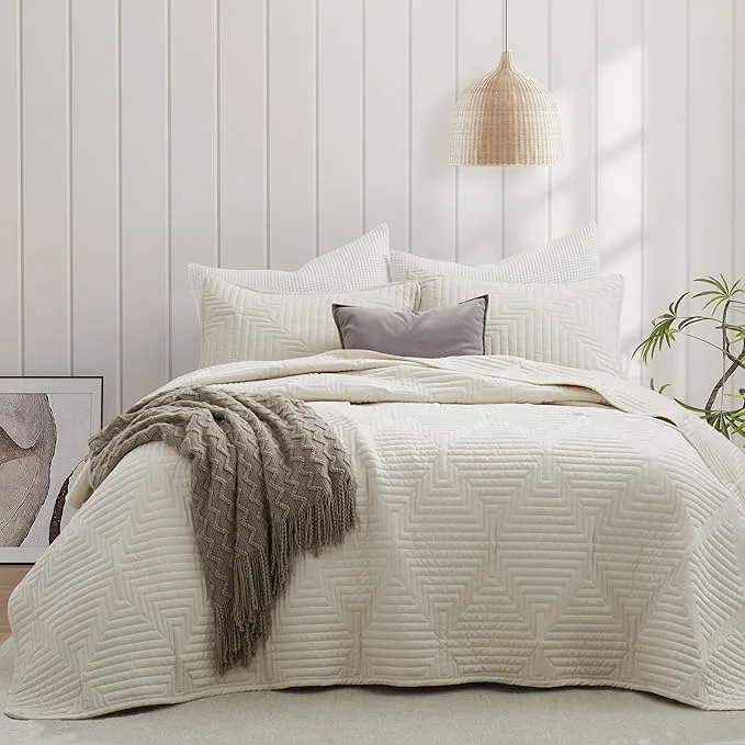 Organic Oli Anderson Queen Quilt Set Beige Lightweight Soft Bedspread Coverlet Basket Weave Pattern Bedding 3PCS Modern Geometric Stitching Textured Comforter Sets 1 Quilt and 2 Pillow Shams Optimized