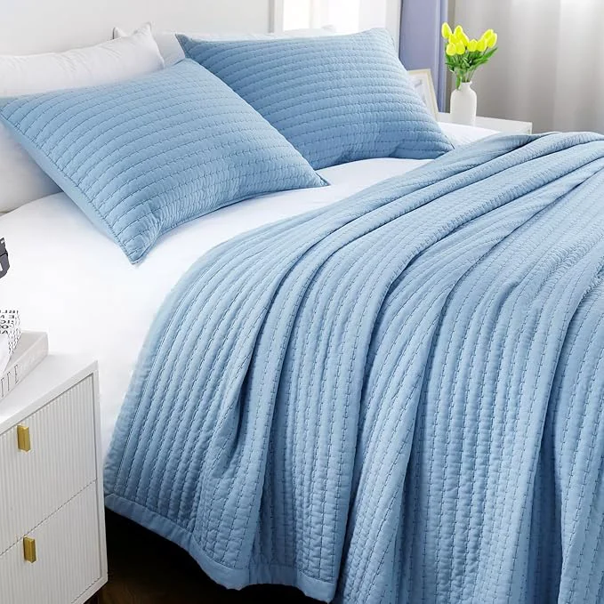 Trusted Oversized Queen Quilt Set–102 quot x106 quot Soft Washed 3-Layer Lightweight Bedspread with Multi-Lock Quilting Minimalist Nordic Bedding All-Season Quilt for Spring Summer amp Fall 1 Quilt 2 Pillow Shams Blue Healthy