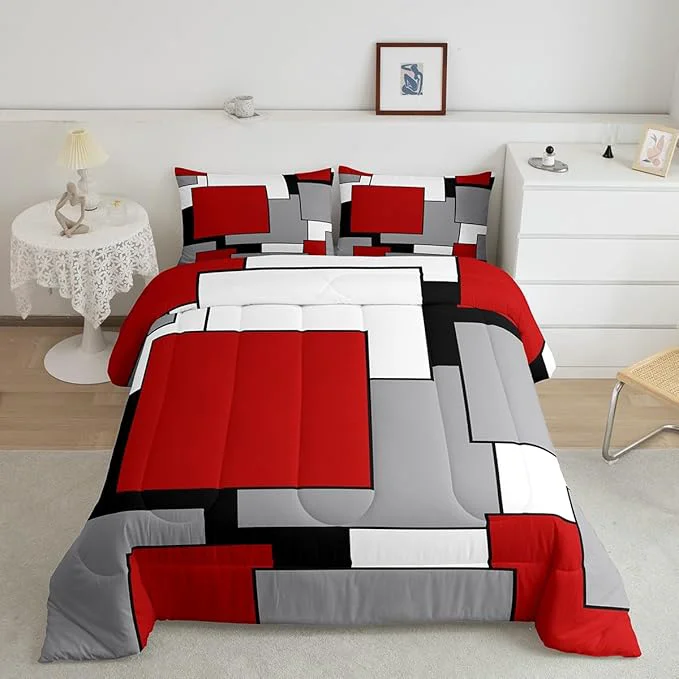 Top-Quality Erosebridal Red Grey Black White Comforter Set for Women Men 3D Modern Square Bedding Set Twin Size Geometric Quilt Set Square Grid Patchwork Down Comforter with 1 Pillowcase Ultra Soft Solid