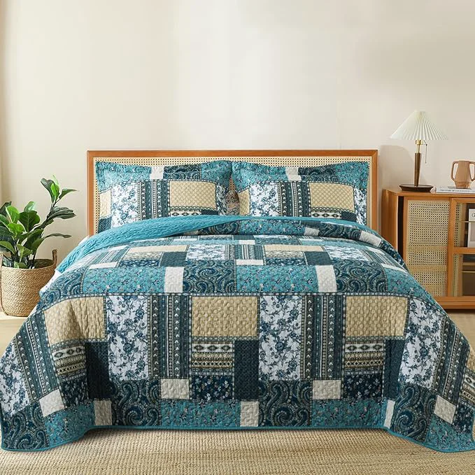 BEDIFANY Cotton Queen Size Quilt Sets Lightweight Bedspread Queen Size Coverlet Boho Queen Quilt Soft Farmhouse Queen Quilt Bedding Sets for Bed Decorations for All Seasons 3 Pieces Blue Recyclable
