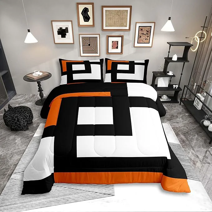 Powerful Erosebridal Blue Black and White Striped Bedding Set Full Size Square Abstract Comforter Set for Adult Women Men Modern Geometric Stripes Bold Lines Bed Sets Minimalist Plaids Quilt Sets Crafted