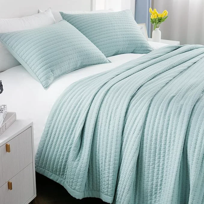 Organic Queen Quilt Set – 90 quot x90 quot Soft Washed 3-Layer Lightweight Bedspread with Multi-Lock Quilting Minimalist Nordic Bedding All-Season Quilt for Spring Summer amp Fall 1 Quilt 2 Pillow Shams Green