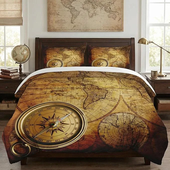 Easy-to-Use Full Size Comforter Set with 2 Pillowcases Vintage Retro World Map Compass Soft 3 Pcs Bedding for Kids and Adults Bedroom Bed Decor Crafted
