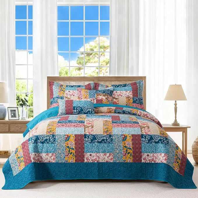 Exclusive BEDIFANY Cotton King Quilt Set – Modern Farmhouse Bedspread with Vibrant Floral Pattern 3-Piece Lightweight Coverlet 98×106 Inch 2 Pillow Shams All Seasons Multicolor Quilt Bedding Set Soft