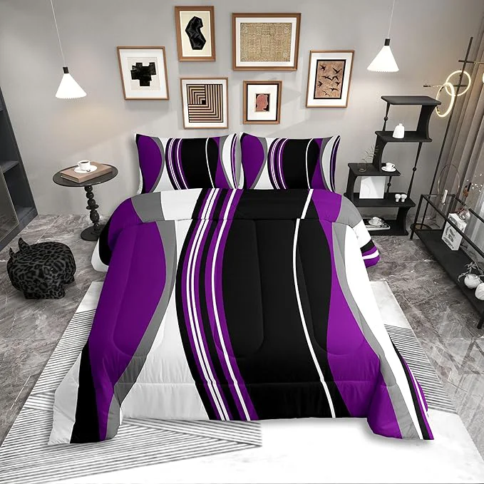 Safe Erosebridal Purple Black Abstract Queen Comforter Set for Adult Women Men Grey Modern Striped Bedding Set Geometric Stripes Lines Bed Set Contemporary Art Boho Quilt Set for Minimalist Durable