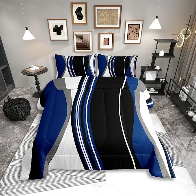 Clean Erosebridal Blue Black Abstract Bedding Set Full Size Grey Modern Striped Comforter Set for Adult Women Men Geometric Stripes Lines Bed Sets Contemporary Art Boho Duvet Quilt Sets for Minimalist Specialty
