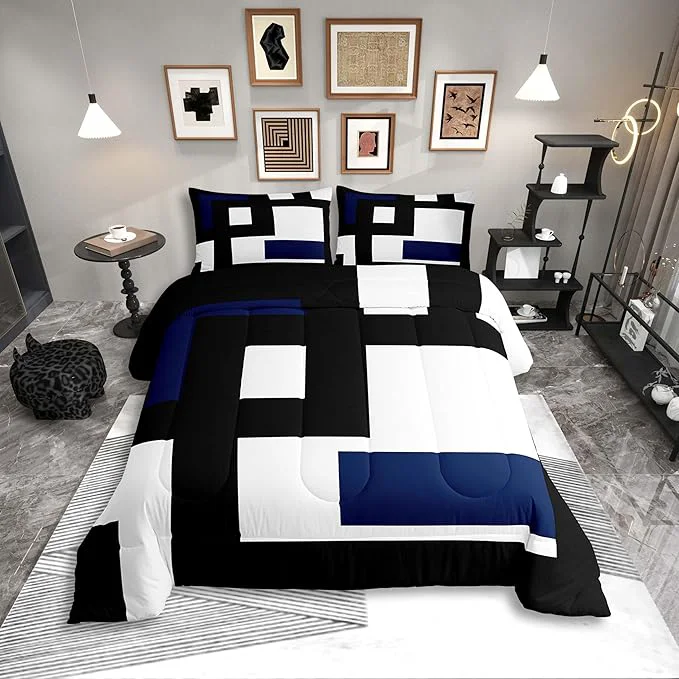 Breathable Erosebridal Black and White Striped Comforter Set Full Size Abstract Square Bedding for Kids Teens Adult Modern Geometric Stripes Bold Lines Quilt Minimalist Stylish Plaids Duvet Insert Exclusive
