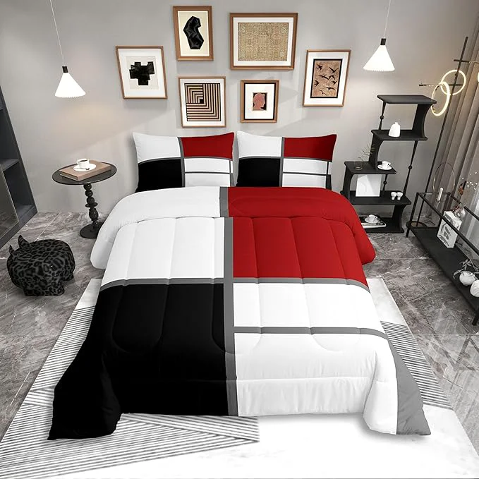 Refined Erosebridal Geometric Abstract Queen Comforter Set for Adult Women Men Red and White Striped Bedding Set Square Grid Bed Set Modern Art Patchwork Quilt Set for Minimalist Pure