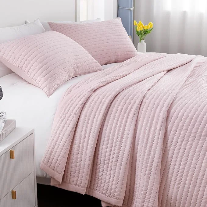 Powerful King Quilt Set – 104 quot x90 quot Soft Washed 3-Layer Lightweight Bedspread with Multi-Lock Quilting Minimalist Nordic Bedding All-Season Quilt for Spring Summer amp Fall 1 Quilt 2 Pillow Shams Pink Healthy