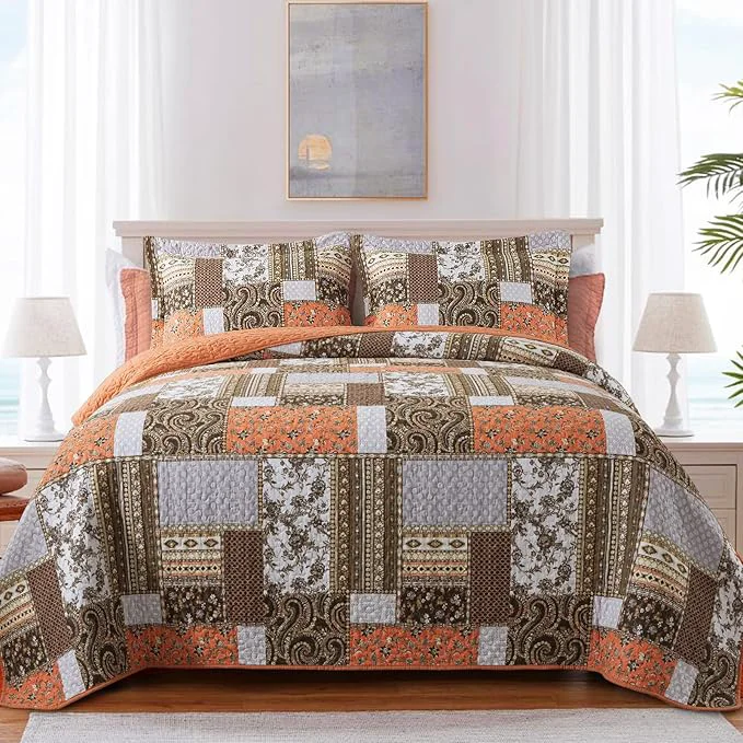 Clean BEDIFANY Cotton Quilts King Size for Farmhouse- Fall Patchwork Bedspread Set – Highly-Woven Soft Reversible King Size Bed Spread for All Seasons Floral Orange 3 Pieces Durable