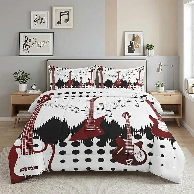 Traditional King Size Comforter Set with 2 Pillowcases Guitar Rock Music 3 Pcs Bedding for Kids and Adults Musical Play Soft Comforter Set for Bedroom Bed Decor Casual