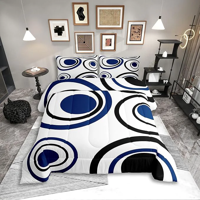 Reliable Erosebridal White Blue Black Striped Bedding Set Full Size Modern Circle Abstract Comforter Set for Adult Women Men Contemporary Graffiti Lines Bed Sets Minimalists Aesthetic Boho Duvet Quilt Sets Excellent