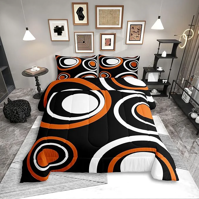 Efficient Erosebridal Orange Black Abstract Toddler Comforter Modern Striped Circles Bedding Set Boho Geometric Art Aesthetic Duvet Insert Minimalist Black White Abstract Bed Sets Expertly Made