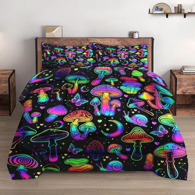 Next-Generation Twin Size Comforter Set with Pillowcase Summer Halloween Mushroom Neon Soft 2 Pcs Bedding for Kids and Adults Bedroom Bed Decor Exclusive