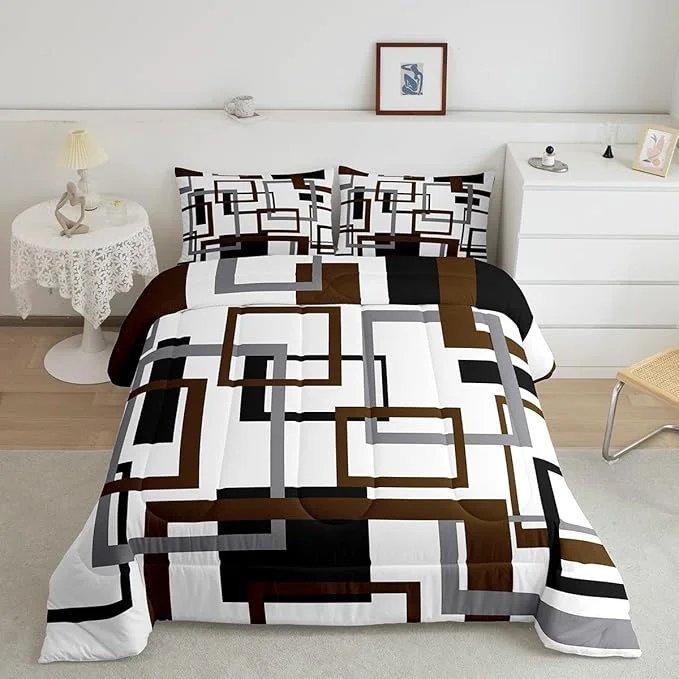 Sustainable Erosebridal Geometric Comforter Set for Adult Vintage Black and Grey Brown Bedding Set Twin Size Modern Farmhouse Quilt Set Home Room Decor Grid Pattern Duvet Insert with 1 Pillow Sham All Season Premium