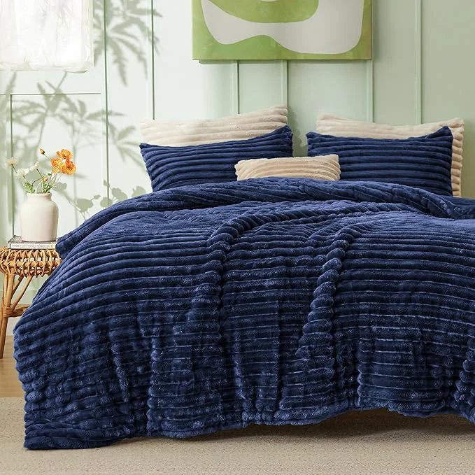 Green Bedsure Comforter Set Queen Size – GentleSoft™ 3 Pieces Double-Side Fleece Fluffy Navy Blue Comforter Set Cozy Striped Room Decor Aesthetic Luxury Bedding Queen Size 2 Pillowcases 90×90 Inches Organic