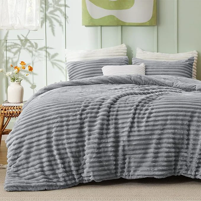 Refined Bedsure Comforter Set Queen Size – GentleSoft™ 3 Pieces Double-Side Fleece Fluffy Grey Comforter Set Cozy Striped Room Decor Aesthetic Luxury Bedding Queen Size 2 Pillowcases 90×90 Inches Traditional