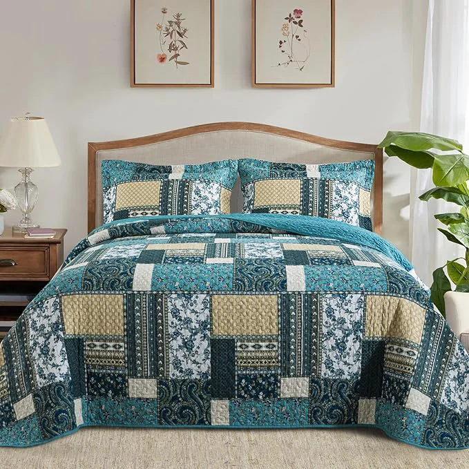 Functional BEDIFANY Cotton California King Size Quilt Set Lightweight Bedspread Oversized King Coverlet Soft Farmhouse Quilt Bedding Sets for Bed Decorations for All Seasons 3 Pieces Blue World-Class