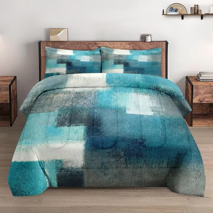 Functional King Size Comforter Set with 2 Pillowcases Turquoise Grey Painting Contemporary Teal Soft 3 Pcs Bedding for Kids and Adults Bedroom Bed Decor Long-Lasting