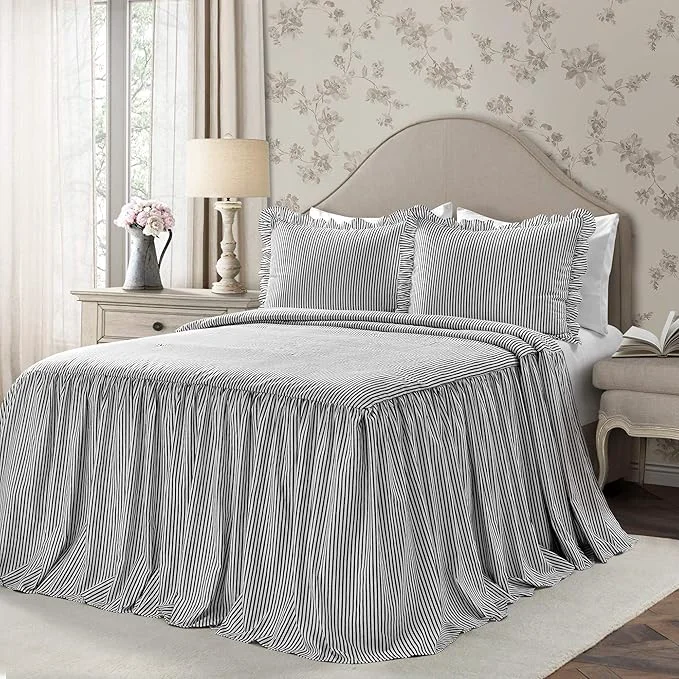 Relaxed Lush Decor Ticking Stripe Bedspread Full Size 3 Piece Set Black – Ruffle Bedding Set Full Bedspreads – Kids Bedding – Farmhouse amp Coquette Decor Environmentally Friendly