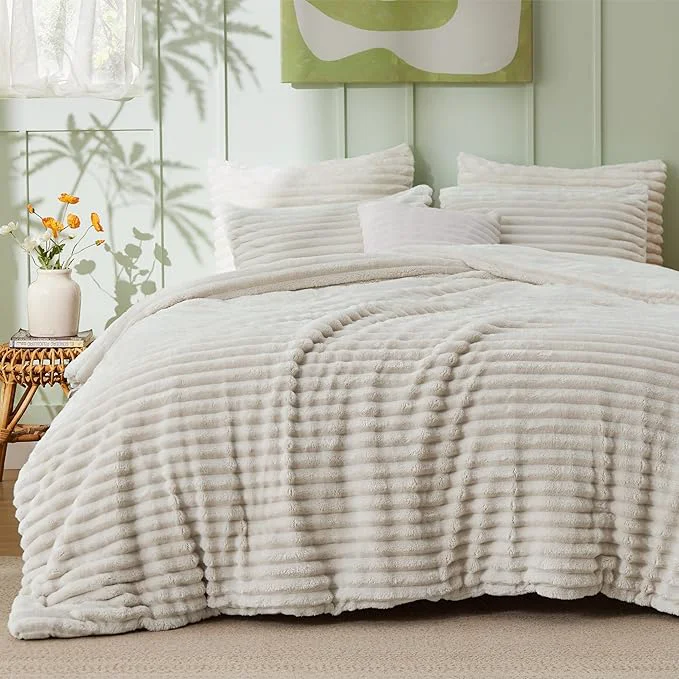 Flexible Bedsure Cal King Comforter Set – GentleSoft™ 3 Pieces Double-Side Fleece Fluffy Linen Comforter Set Cozy Striped Room Decor Aesthetic Luxury Cal King Bedding 2 Pillowcases 104×96 Inches Clean