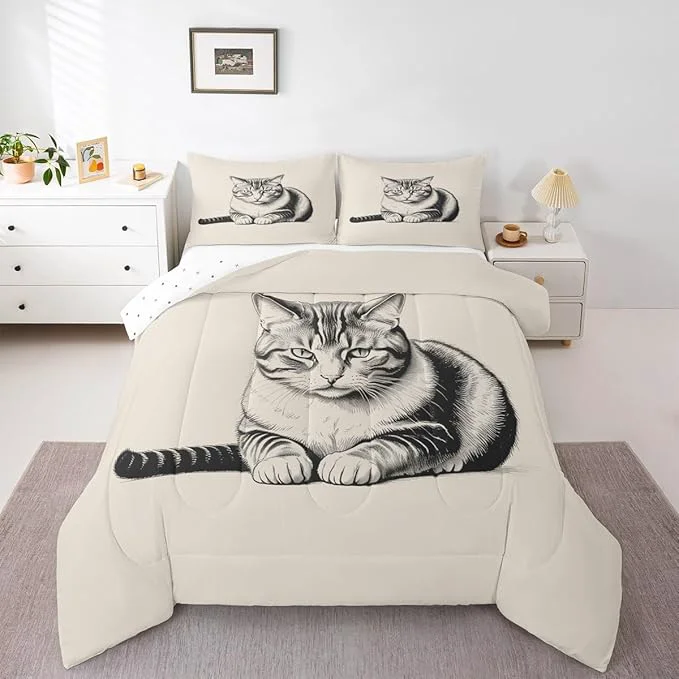User-Friendly Erosebridal Kitten Bedding Set Twin Size Sketch Cat Comforter Set for Kids Boys Girls 3D Kawaii Pet Animal Cute Beige Grey Comforter Warm Soft Quilt Insert Luxury