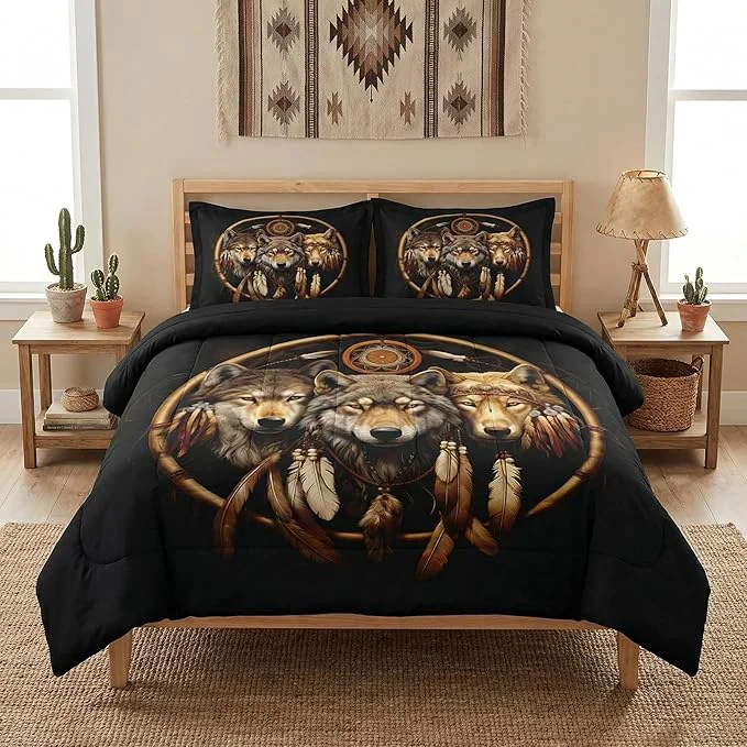 Environmentally Friendly Queen Size Comforter Set with 2 Pillowcases American Boho Feather Dreamcatcher 3 Pcs Bedding for Kids and Adults Black Tribal Three Wolf Soft Comforter Set for Bedroom Bed Decor Smart