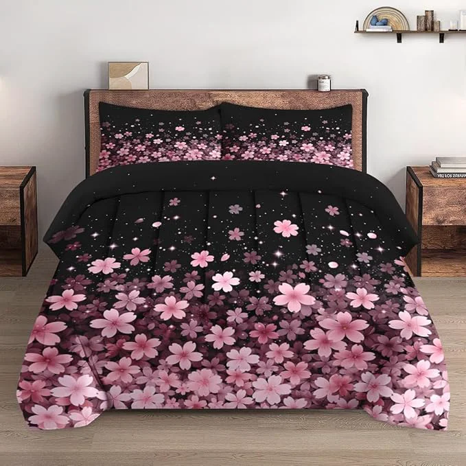Contemporary Queen Size Comforter Set with 2 Pillowcases Spring Cherry Pink Flower Tree Soft 3 Pcs Bedding for Kids and Adults Bedroom Bed Decor Easy-to-Use
