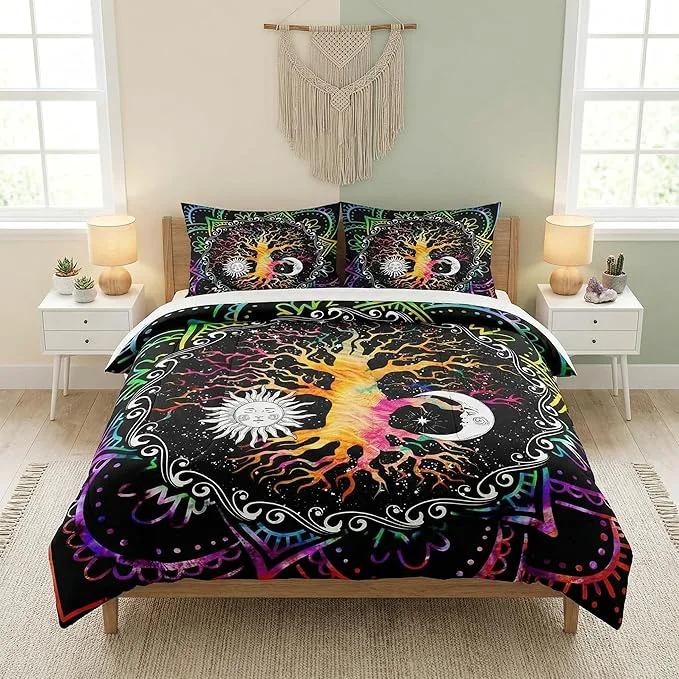 Traditional Full Size Comforter Set with 2 Pillowcases Astrology Zodiac Tree of Life 3 Pcs Bedding for Kids and Adults Colorful Sun and Moon Tarot Soft Comforter Set for Bedroom Bed Decor Natural