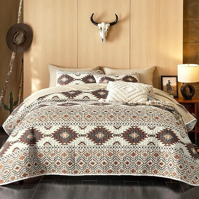 High-Performance Wake In Cloud – Western Quilt Set Southwestern Aztec Country Style with Rustic Ranch Vibe Reversible Lightweight Bedspread Coverlet 3 Pieces Beige Brown Twin Twin XL Size Casual
