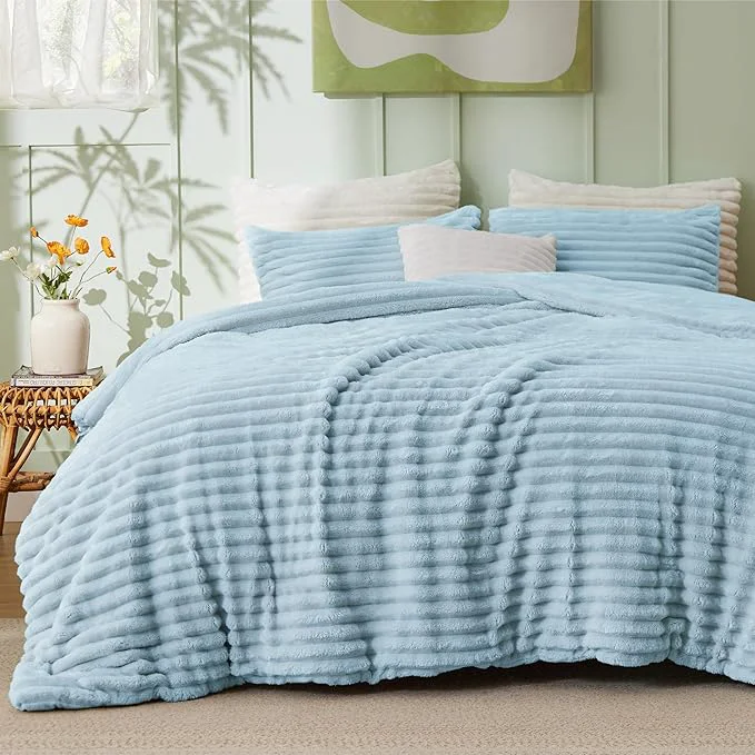Reliable Bedsure Comforter Set Queen Size – GentleSoft™ 3 Pieces Double-Side Fleece Fluffy Light Blue Comforter Set Cozy Striped Room Decor Aesthetic Luxury Bedding Queen Size 2 Pillowcases 90×90 Inches Efficient