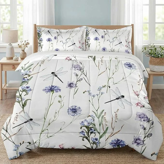 Verified Queen Size Comforter Set with 2 Pillowcases Wildflower Botanical Herb Plant Leaf Floral Flower Painting Dragonfly Soft 3 Pcs Bedding for Kids and Adults Bedroom Bed Decor Modern