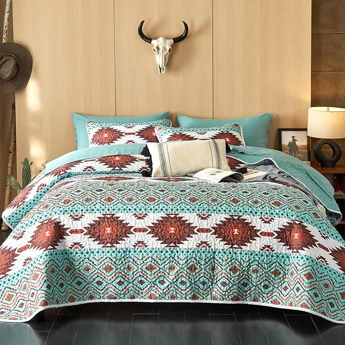 Enhanced Wake In Cloud – Western Quilt Set Southwestern Aztec Country Style with Rustic Ranch Vibe Reversible Lightweight Bedspread Coverlet 3 Pieces Turquoise Brown King Size