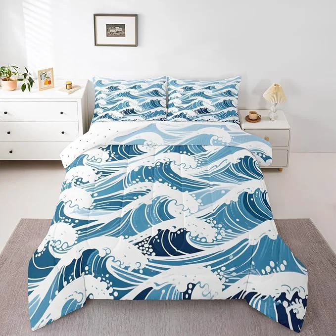 Secure Erosebridal Sea Waves Comforter Set King Size Ukiyo-E Bedding Set for Kids Men Women Geometric Japanese Style Navy Blue White Comforter Warm Soft Quilt Insert Top-Quality