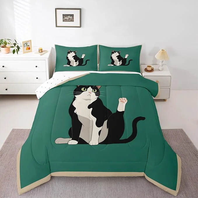 Recyclable Erosebridal Kitten Quilt Insert Queen Size Cartoon Cat Bedding Set for Kids Boys Girls Retro Kawaii Cute Green Black Comforter Warm Soft Comforter Set Consistent