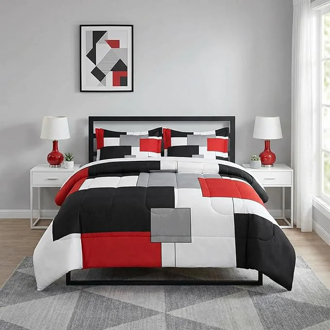 Reliable Twin Size Comforter Set with Pillowcase Black White Red Geometric Soft 2 Pcs Bedding for Kids and Adults Bedroom Bed Decor Stylish