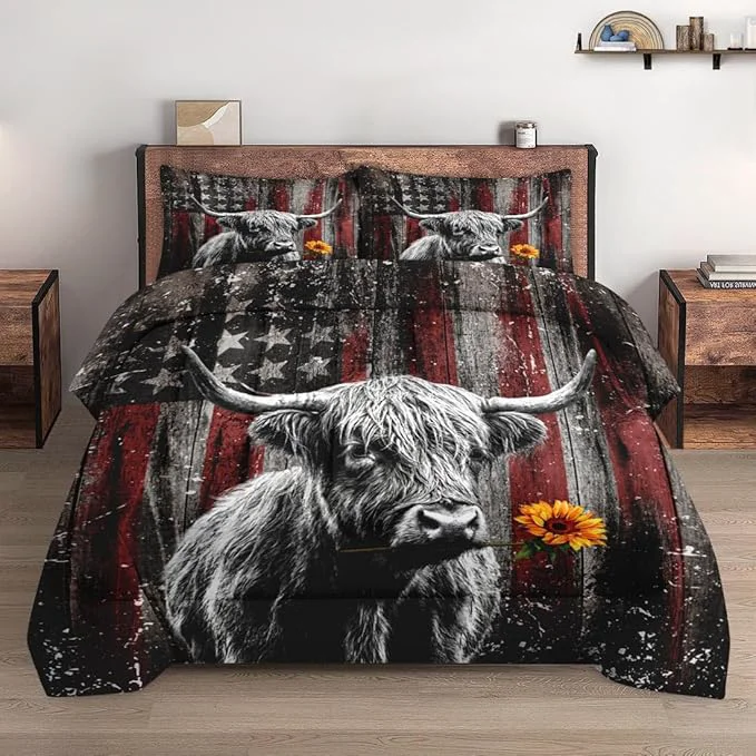 Exclusive Full Size Comforter Set with 2 Pillowcases Highland Cow Animal 3 Pcs Bedding for Kids and Adults Farm American Flag Soft Comforter Set for Bedroom Bed Decor Authentic