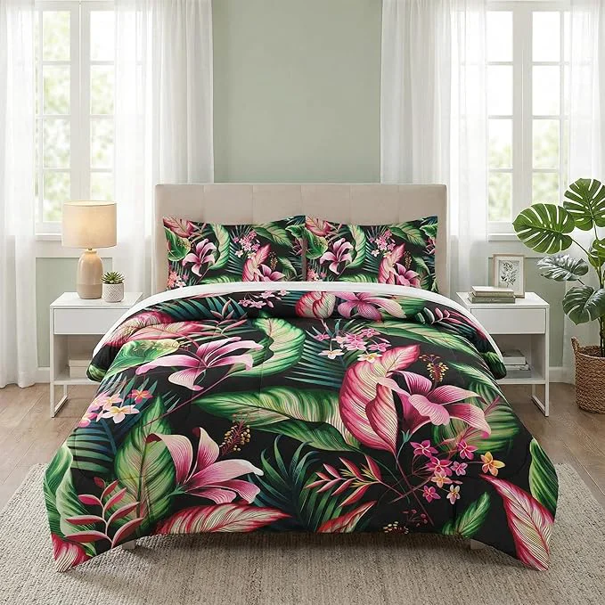 High-Quality King Size Comforter Set with 2 Pillowcases Tropical Leaves Flower Hibiscus Soft 3 Pcs Bedding for Kids and Adults Bedroom Bed Decor Clean