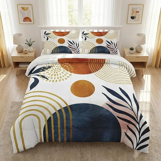 Easy-to-Use Twin Size Comforter Set with Pillowcase Mid Century 2 Pcs Bedding for Adults Sun Boho Geometric Leaf Soft Comforter Set for Bedroom Bed Decor Secure