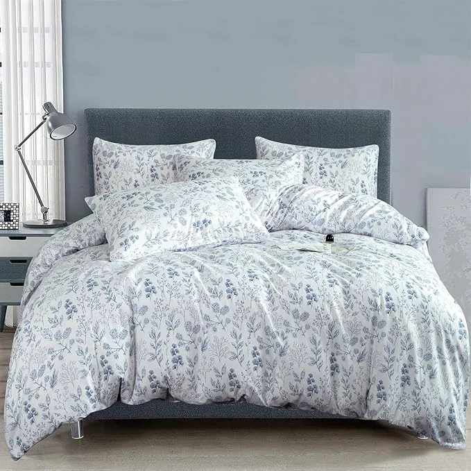 Refined Floral Comforters Queen Size 3 Pieces Soft Chic Garden Style Blue Floral Print Lightweight Botanical Flower Comforter Set for All Seasons 1 Comforter and 2 Pillowcases Organic